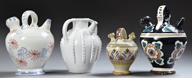 Group of Four French Provincial Glazed Earthenware: Group of Four French Provincial Glazed Earthenware Baluster Form Gargoulettes, 20th c., three with floral decoration, one with relief ribbed decoration, Largest- H.- 12 in., Dia.- 7 1/2 in. (4 Pcs.)