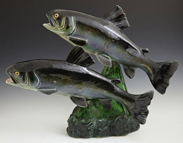 Santiago Rodriguez Bonome (1901-1995), glazed ceramic: Santiago Rodriguez Bonome (1901-1995), glazed ceramic and green glass mounted table lamp modeled with two fish, the glass base modeled as rising water to support the fish, signed under the ceramic bas