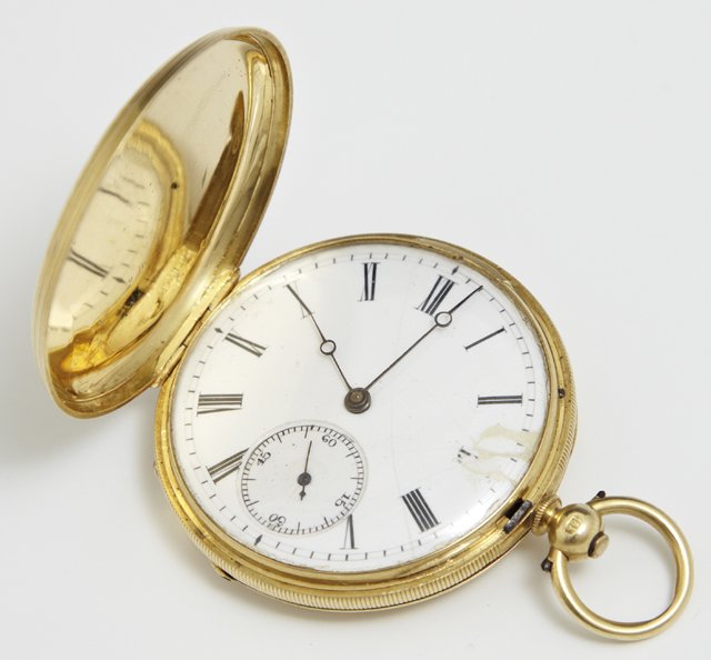 18K Yellow Gold Hunting Case Pocket Watch, 19th c., by: 18K Yellow Gold Hunting Case Pocket Watch, 19th c., by J. Dent, London, the case with machine turned engraving, KWKS, running, Dia.- 1 5/8 in.