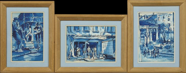 Ruby Fayard, "French Quarter Street Musicians," "French: Ruby Fayard, "French Quarter Street Musicians," "French Quarter Patio," and "French Market," 20th c., watercolor, each signed, presented in matching frames, H.- 13 1/2 in., W.- 9 in.
