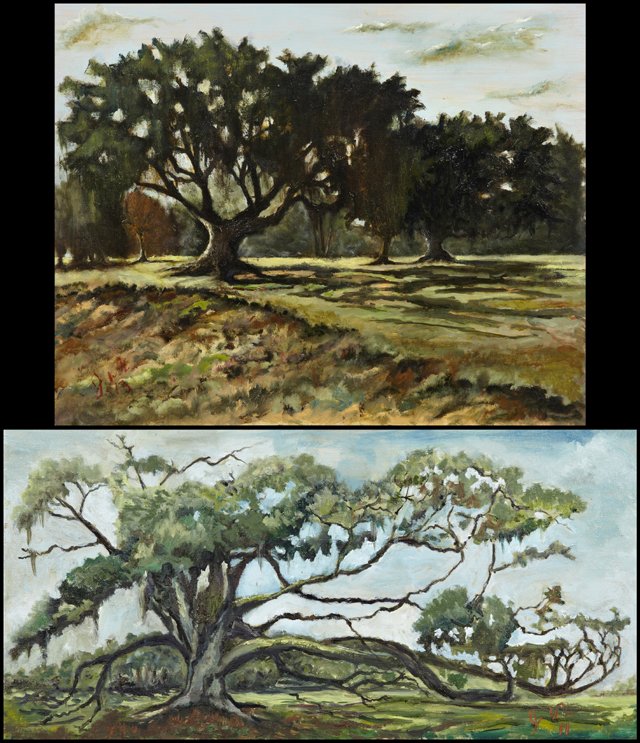 Jerome Weber (New Iberia, LA), "The Great Oak Tree,": Jerome Weber (New Iberia, LA), "The Great Oak Tree," 2011, oil on canvas, signed and dated l.r., unframed, H.- 12 in., W.- 24 in., together with "Three Oak Trees," 2013, oil on board, signed and dated