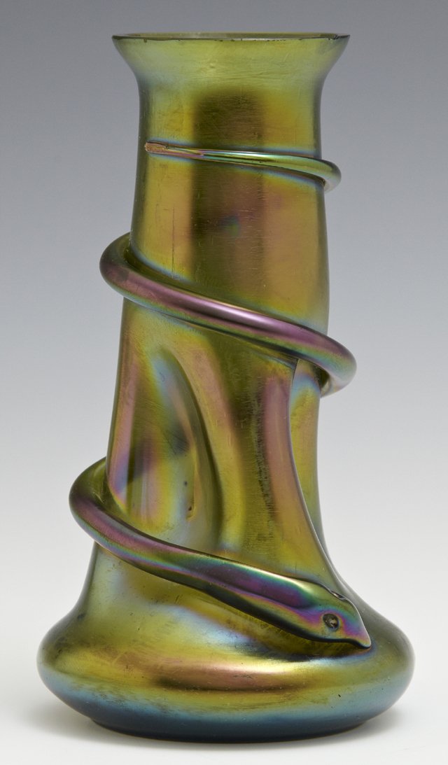 Loetz Style Iridescent Glass Bud Vase, 19th c., the: Loetz Style Iridescent Glass Bud Vase, 19th c., the neck of pinched form, with an applied entwined snake, unsigned, H.- 5 7/8 in., Dia.- 3 3/8 in.
