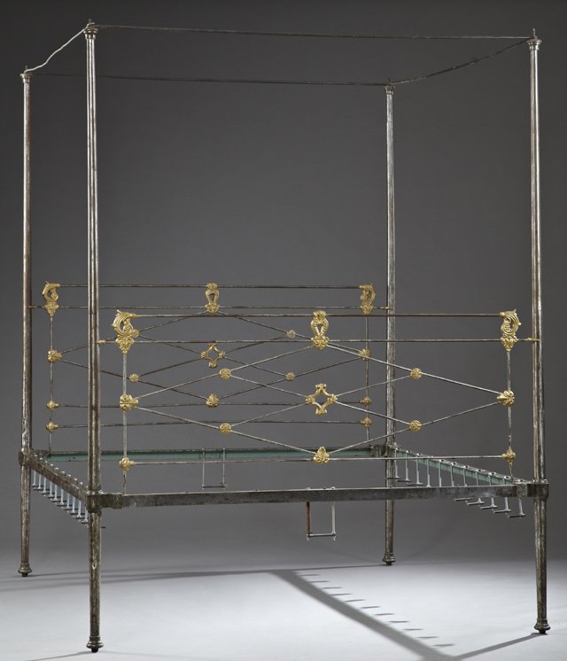 Louis XVI Style Cast and Wrought Iron Queen Tester Bed,: Louis XVI Style Cast and Wrought Iron Queen Size Tester Bed, 20th c., the four tapered posts joined by pierced diamond stretchers, with gilded decoration, on tapered legs to ringed feet, H.- 94 in., I