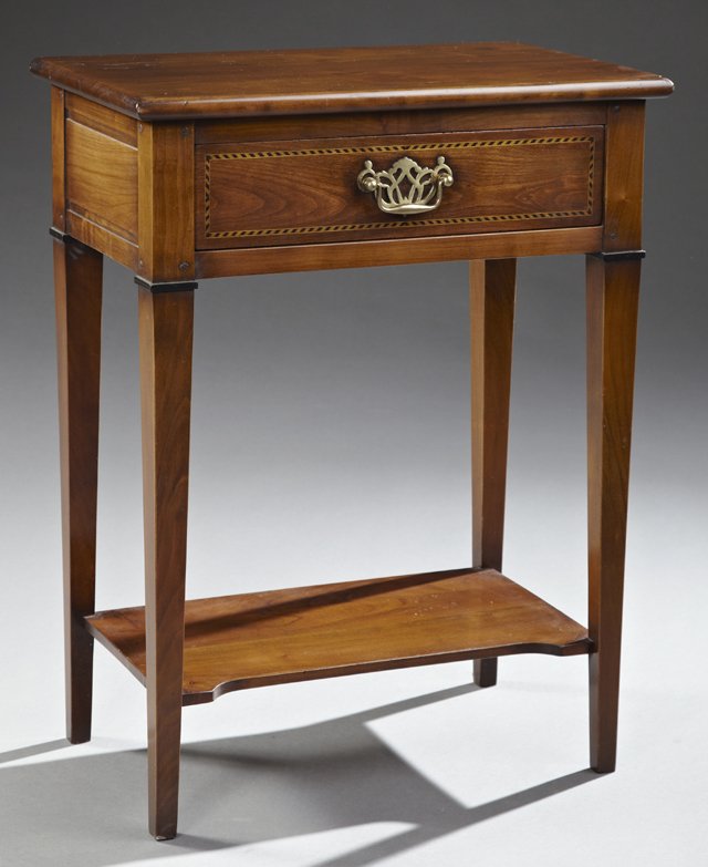 Louis XVI Style Parquetry Inlaid Carved Walnut: Louis XVI Style Parquetry Inlaid Carved Walnut Nightstand, 20th c., with a rectilinear carved walnut top, above a single inlaid parquetry banded drawer over a lower stretcher-shelf, the whole on squar