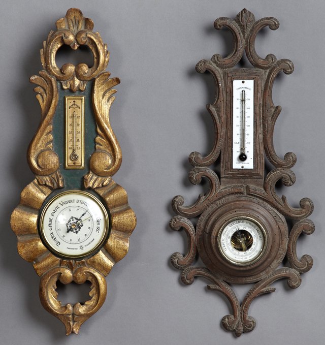 Two French Carved Wooden Barometers, one 20th c. gilt: Two French Carved Wooden Barometers, one 20th c. gilt example, and one 19th c. carved beech example, both with thermometers, Larger- H.- 19 1/4 in., W.- 7 1/2 in., D.- 1 3/8 in.