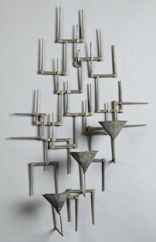 Mid Century Modern Iron Abstract Three Light Candle: Mid Century Modern Iron Abstract Three Light Candle Sconce, c. 1960, H.- 28 1/2 in., W.- 17 in., D.- 6 in.