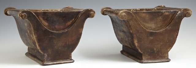 Unusual Pair of Carved Soapstone Planters, late 19th: Unusual Pair of Carved Soapstone Planters, late 19th c., of scrolled open basket form, the interiors with brass lines, H.- 5 1/8 in., W.- 7 5/8 in., D.- 7 in.