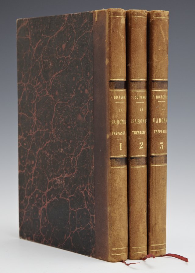 Group of Three Books, late 19th c., from the library at: Group of Three Books, late 19th c., from the library at Tsarkoe-Selo, the imperial palace of Tsar Nicholas II and his wife, Alexandra Feodorovna, "La Baronne Trepasse," by Ponson du Terrail, Vols. 1-3