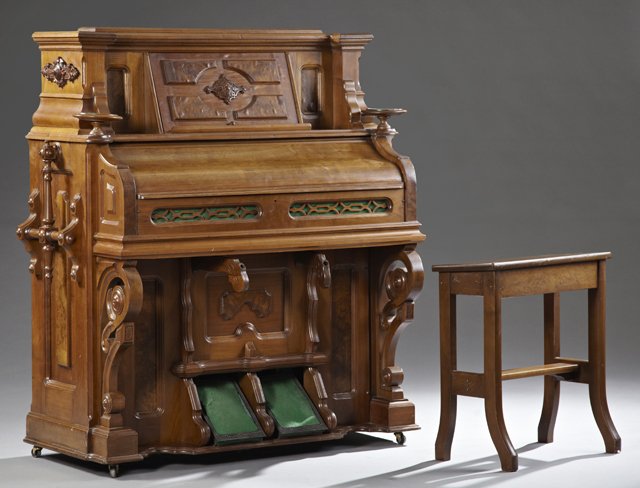 Eastlake Style Miller Co. Carved Walnut Pump Organ, c.: Eastlake Style Miller Co. Carved Walnut Pump Organ, c. 1890, Lebanon, PA, No. 8848, the central drop front music shelf with applied highly figured burled walnut panels, working, with bench, H.- 53 in.