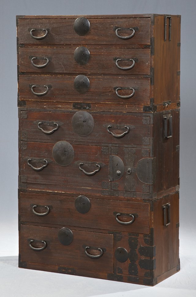 Chinese Carved Elm Three-Part Stacking Tansu, early: Chinese Carved Elm Three-Part Stacking Tansu, early 20th c., with rectangular iron ring pull handles and circular iron escutcheons, H.- 61 in., W.- 36 in., D.- 15 5/8 in.