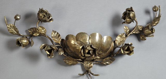 Large Wrought Iron Two Light Planter/Sconce, 20th c.,: Large Wrought Iron Two Light Planter/Sconce, 20th c., the central lobed planter with applied branches and roses, two mounted with sockets, H.- 18 in., W.- 42 1/2 in., D.- 10 1/2 in.