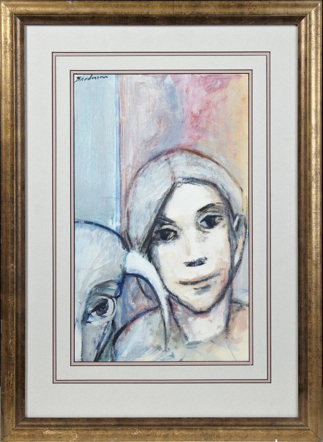 Robert Broderson (1920-1992), "Girl and Cow," 20th c.,: Robert Broderson (1920-1992), "Girl and Cow," 20th c., gouache, signed u.l., Provenance: Joan Liberty Gallery, New Orleans, framed, H.- 18 1/2 in., W.- 11 in.