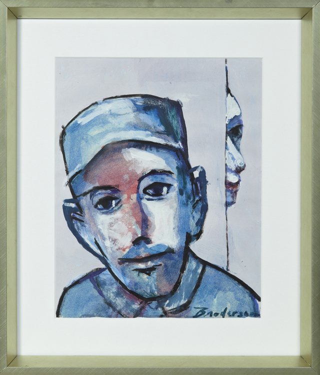 Robert Broderson (1920-1992), "Man in a Cap," 20th c.,: Robert Broderson (1920-1992), "Man in a Cap," 20th c., watercolor, signed l.r., Provenance: Joan Liberty Gallery, New Orleans, framed, H.- 12 in., W.- 9 1/4 in.