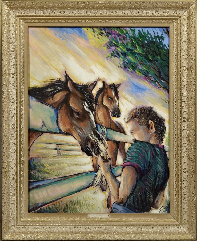 Gustavo Novoa (1941- , Chile), "Man with Horses," 20th: Gustavo Novoa (1941- , Chile), "Man with Horses," 20th c., oil on masonite, signed l.r., presented in a giltwood frame, H.- 23 1/2 in., W.- 17 1/2 in.
