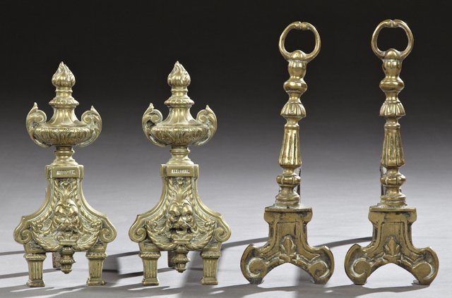 Two Pairs of French Bronze and Iron Chenets, 19th c.,: Two Pairs of French Bronze and Iron Chenets, 19th c., one with flaming urn finials over grotesque masks, the other with ring surmounts over tapered urn supports, Taller- H.- 13 in., W.- 4 1/8 in., D.-