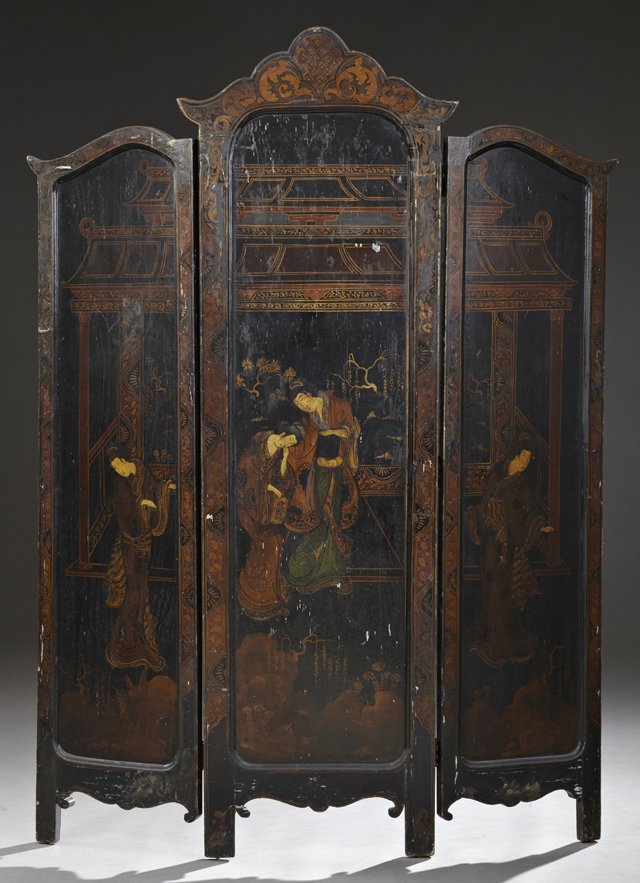 Japanese Three Panel Polychrome Dressing Screen, early: Japanese Three Panel Polychrome Dressing Screen, early 20th c., the scalloped crest over a central panel depicting two women, flanked by two folding panels with an interior scene of females within tra