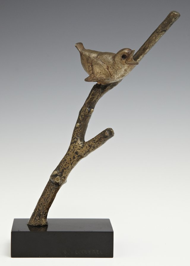 Andre Vincent Becquerel (1893-1981), "Sparrow on a: Andre Vincent Becquerel (1893-1981), "Sparrow on a Branch," 20th c., bronze, on a marble base, signed on the side of the marble, H.- 7 1/2 in., W.- 5 1/2 in., D.- 2 in.