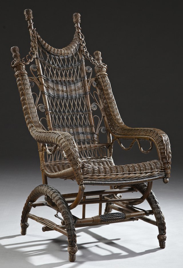 American Aesthetic Movement Wicker Bentwood Platform: American Aesthetic Movement Wicker Bentwood Platform Rocking Chair, c. 1890, with a double spire high back with chain link decoration, to curved arms terminating in beehive finials, H.- 47 1/2 in., W.