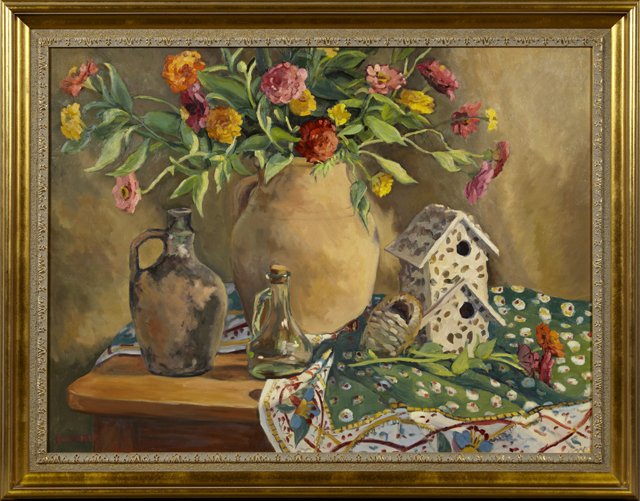 Mary Anne Warner (Taos), "Zinnias and Birdhouses,": Mary Anne Warner (Taos), "Zinnias and Birdhouses," 1998, oil on canvas, signed l.l., signed, dated and titled verso, presented in a gilt frame, H.- 29 1/2 in., W.- 39 1/2 in.