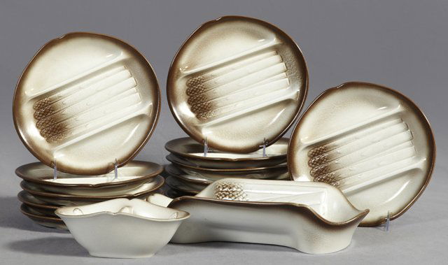 Fourteen Piece Glazed Earthenware Asparagus Set, 20th: Fourteen Piece Glazed Earthenware Asparagus Set, 20th c., by Salins des Bains, consisting of 12 plates, a serving bowl and a sauce boat. (14 Pcs.)