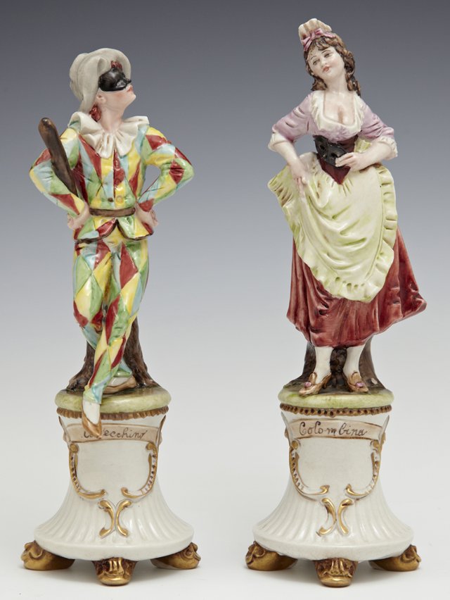 Merli, Pair of Polychromed Capodimonte Figures, 20th: Merli, Pair of Polychromed Capodimonte Figures, 20th c., of "Colombina," and "Artecchiro," on integral plinth bases on four gilt feet, H.- 8 1/4 in., Dia.- 2 1/2 in.