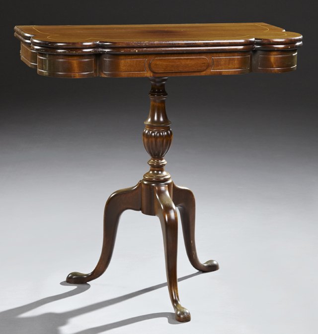 Queen Anne Style Inlaid Carved Mahogany Flip Top Games: Queen Anne Style Inlaid Carved Mahogany Flip Top Games Table, early 20th c., the banded cookie corner top opening to a baize lined playing surface over interior storage, on a tapered reeded baluster s