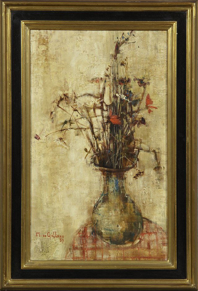 M. De Gallaro, "Still Life of Flowers in a Brown and: M. De Gallaro, "Still Life of Flowers in a Brown and Blue Vase," 1957, oil on canvas, signed and dated l.l., framed, H.- 21 3/8 in., W.- 21 1/2 in.