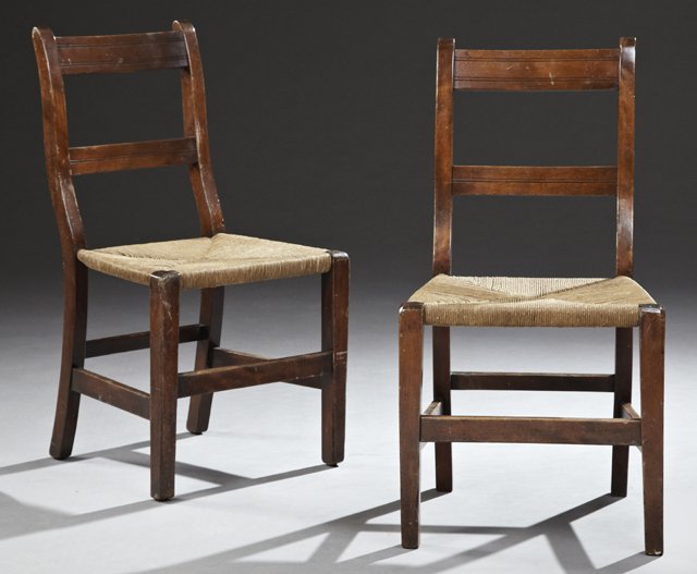 Pair of Rush Seat Ladder Back Chairs, 19th c., the: Pair of Rush Seat Ladder Back Chairs, 19th c., the reeded horizontal splats over rush seats, on square legs, joined by a box stretcher, H.- 35 in., W.- 18 in., D.- 15 1/2 in.