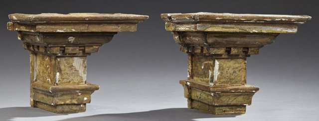 Pair of Gesso and Giltwood Wall Brackets, late 19th c.,: Pair of Gesso and Giltwood Wall Brackets, late 19th c., the stepped edge with dental molding to an ogee tapered base, H.- 10 1/2 in., W.- 13 1/2 in., D.- 11 in.