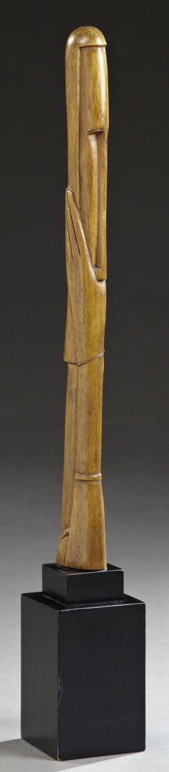 Mid Century Modern Carved Mahogany Sculpture of Two: Mid Century Modern Carved Mahogany Sculpture of Two Heads, c. 1960, on an ebonized stepped wooden base, H.- 31 1/4 in., W.- 4 1/4 in., D.- 4 1/4 in.