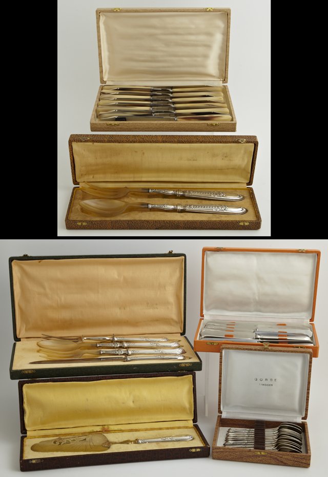 Group of Six Leatherette Presentation Boxes of: Group of Six Leatherette Presentation Boxes of Silverplated Flatware, including a hostess set, cake slice, salad set, dinner knives, and demitasse spoon.