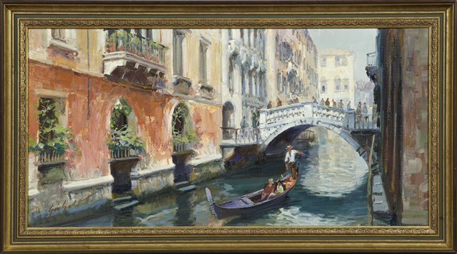 Gino Galviati, "Venetian Canal Scene," 20th c., oil on: Gino Galviati, "Venetian Canal Scene," 20th c., oil on canvas, signed l.l. and verso, framed, H.- 11 3/8 in., W.- 23 1/4 in.