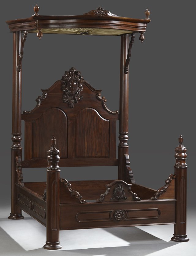 Contemporary Rococo Revival Style Carved Rosewood Queen: Contemporary Rococo Revival Style Carved Rosewood Queen Size Half Tester Bed, 20th c., the shaped tester with a foliate crest, on turned tapered posts with scrolled brackets, the arched headboard with