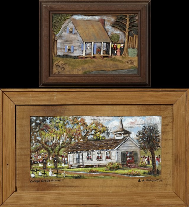 Two Polychromed Relief Carvings, one A. B. Crochet,: Two Polychromed Relief Carvings, one A. B. Crochet, "College Grove Funeral," 2003, titled l.l. mat, signed and dated l.r. mat, presented in a cypress frame, H.- 4 3/4 in., W.- 10 1/8 in., together wit