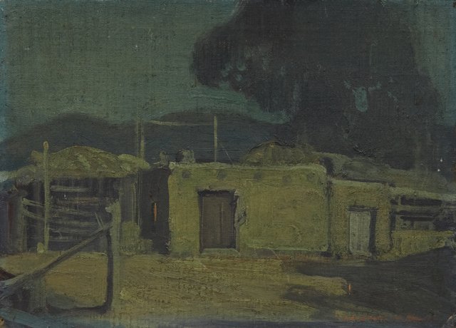 Frederick William Becker (1888-1974, Taos), "Adobe: Frederick William Becker (1888-1974, Taos), "Adobe Houses," 20th c., oil on board, signed l.r., unframed, H.- 8 3/4 in., W.- 12 in.