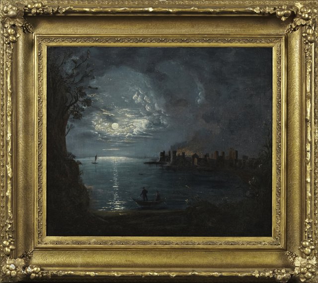 Continental School, "Conflagration in the Castle on a: Continental School, "Conflagration in the Castle on a Moonlit Night," 19th c., oil on canvas, presented in an elaborate gilt and gesso frame, H.- 24 in., W.- 29 in.