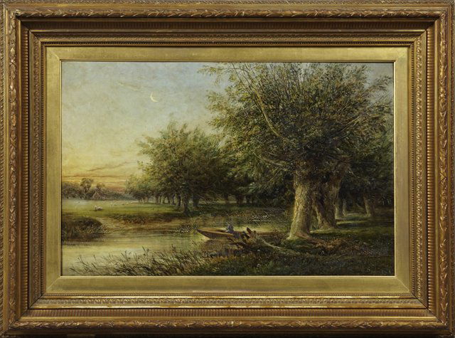 Dutch School, "Man in a Skiff," 19th c., oil on canvas,: Dutch School, "Man in a Skiff," 19th c., oil on canvas, presented in a period gilt and gesso frame, H.- 14 5/8 in., W.- 23 1/4 in.
