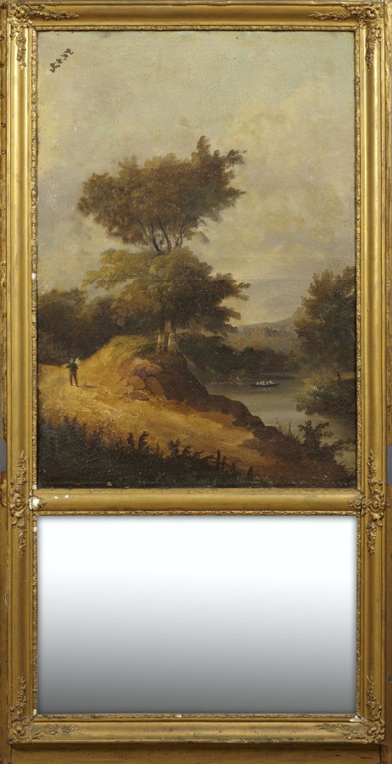 French Louis XVI Style Gilt and Gesso Trumeau Mirror,: French Louis XVI Style Gilt and Gesso Trumeau Mirror, 19th c., the foliate relief frame around an upper panel oil on canvas of a figure by a lake, above a mirror plate, H.- 59 1/4 in., W.- 28 3/4 in.,