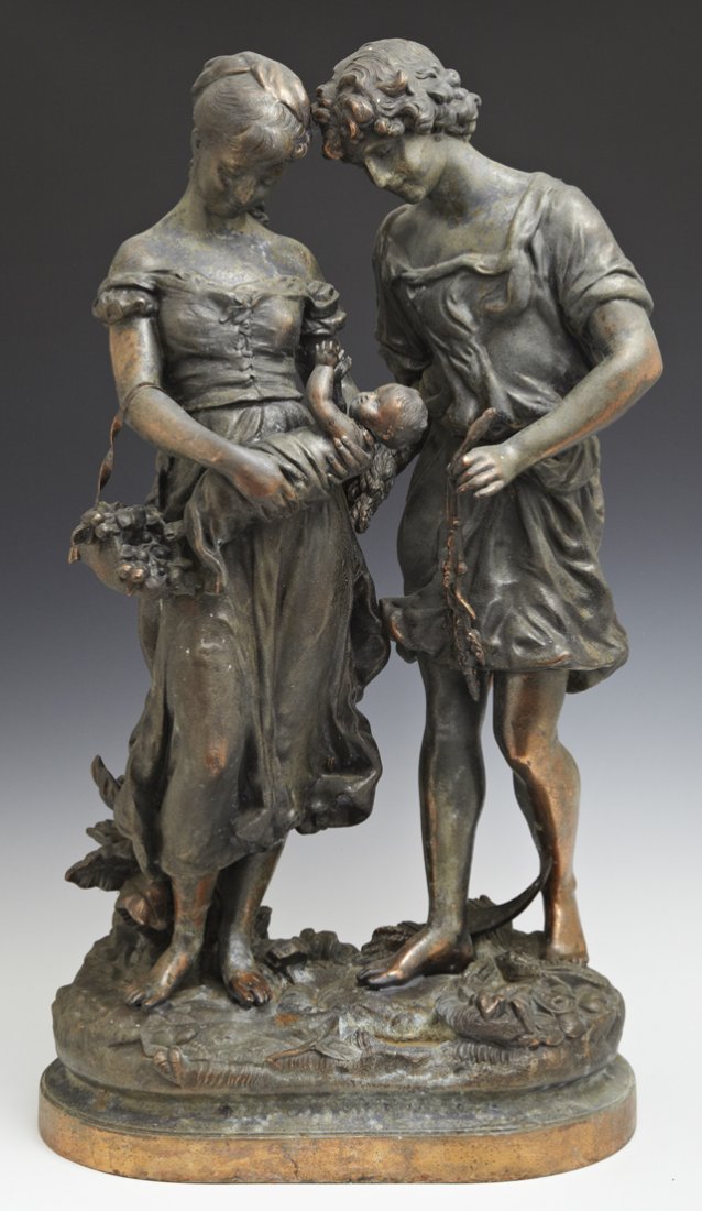 French School, "Peasant Couple and Child," late 19th: French School, "Peasant Couple and Child," late 19th c., copper patinated spelter figural group, on an integral stepped oval base, H.- 22 in., W.- 12 in., D.- 7 1/4 in.