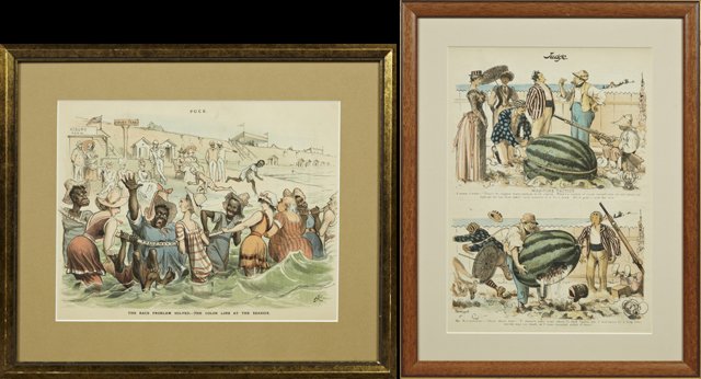 "The Race Problem Solved-The Color Line at the: "The Race Problem Solved-The Color Line at the Seaside," from Puck magazine, and "War-Time Tactics," from Judge magazine, pair of 19th c. prints, framed, Seaside-H.- 9 1/2 in., W.- 12 1/4 in., Tactics