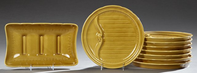 Nine Piece Majolica Asparagus Set, 20th c., by Gien,: Nine Piece Majolica Asparagus Set, 20th c., by Gien, consisting of eight plates and a bowl, Plates- Dia.- 10 7/8 in.