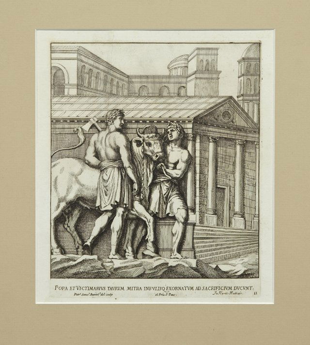 Petro Bellori (1615-1696) and Pietro Santi Bartoli: Petro Bellori (1615-1696) and Pietro Santi Bartoli (1635-1700), "Popa et Victimarius Tavrum Mitra Infuliso Exornatum ad Sacrificium Ducunt," 18th c., etching, matted and shrink wrapped, H.- 11 1/2 in.