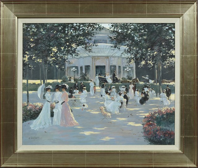 Christa Kieffer, "The Garden Party," 20th c., oil on: Christa Kieffer, "The Garden Party," 20th c., oil on canvas, signed l.l., framed, H.- 23 3/8 in., W.- 29 3/8 in.