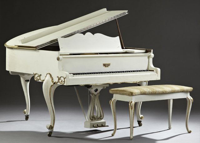 Louis XV Style Baby Grand Piano, mid 20th c., by: Louis XV Style Baby Grand Piano, mid 20th c., by Hardman Peck & Co., on cabriole legs, with a matching duet bench, both now in ivory paint with gilt accents, H.- 40 1/4 in., W.- 57 7/8 in., D.- 63 in.