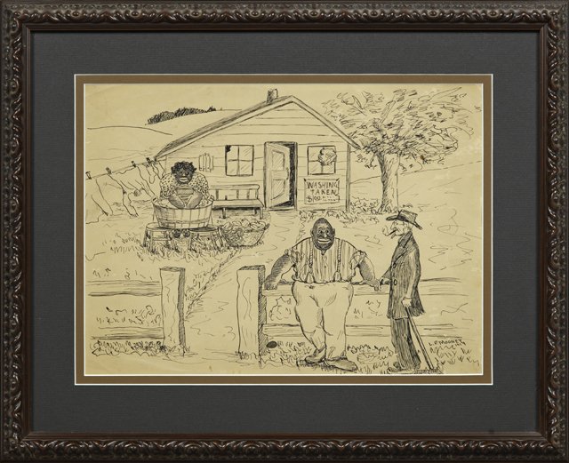 L.P. Mooney, "Southern Washer Woman," 1919, pen and: L.P. Mooney, "Southern Washer Woman," 1919, pen and ink, signed and dated l.r., framed, H.- 9 1/8 in., W.- 12 7/8 in.