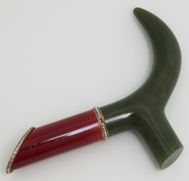 Faberge Style Jade, Enamel, and Silver Cane Handle,: Faberge Style Jade, Enamel, and Silver Cane Handle, 20th c., the spinach green jade handle over a ring of seed pearls, above a guilloche enamel shaft, the bottom with the maker's mark for Mikhail Perk