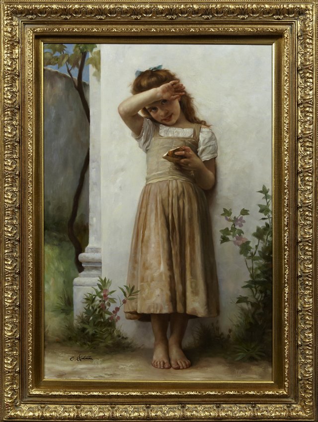 Chinese School, "Child with a Seashell," 20th c., oil: Chinese School, "Child with a Seashell," 20th c., oil on canvas, signed l.l., C. Hartman, presented in a carved giltwood frame, H.- 35 1/2 in., W.- 23 1/2 in.