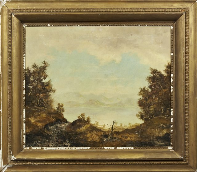 Continental School, "Lake Landscape with Hills Beyond,": Continental School, "Lake Landscape with Hills Beyond," 19th c., in original gilt and gesso frame, H.- 24 1/4 in., W.- 29 1/4 in.