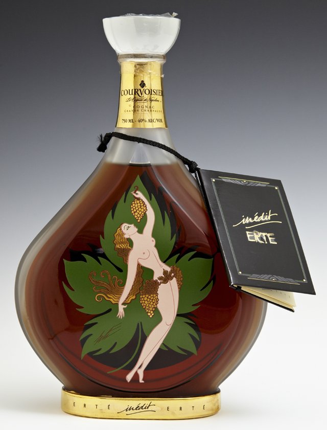Erte, "Courvoisier Bottle," 1995, Inedit, #1062, sealed: Erte, "Courvoisier Bottle," 1995, Inedit, #1062, sealed and with original box and legacy booklet, H.- 10 in., W.- 6 1/4 in., D.- 2 1/4 in.