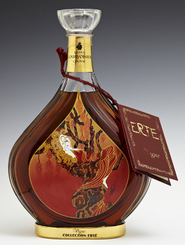 Erte, "Courvoisier Bottle," 1988, "Vigne," No. B1441,: Erte, "Courvoisier Bottle," 1988, "Vigne," No. B1441, sealed and with original box and legacy booklet, H.- 10 in., W.- 6 1/4 in., D.- 2 1/4 in.